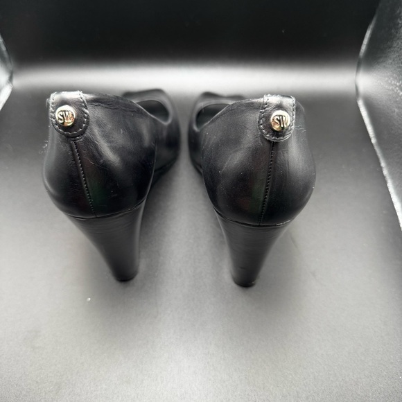 STUART WEITZMAN Black Leather Peep Toe Wedge Heels Size 9.5 M JW26244 - Picture 6 of 7